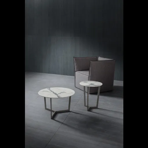 Tavolino rotondo Clio con top in HPL effetto marmo Bianco e base in metallo di La Primavera