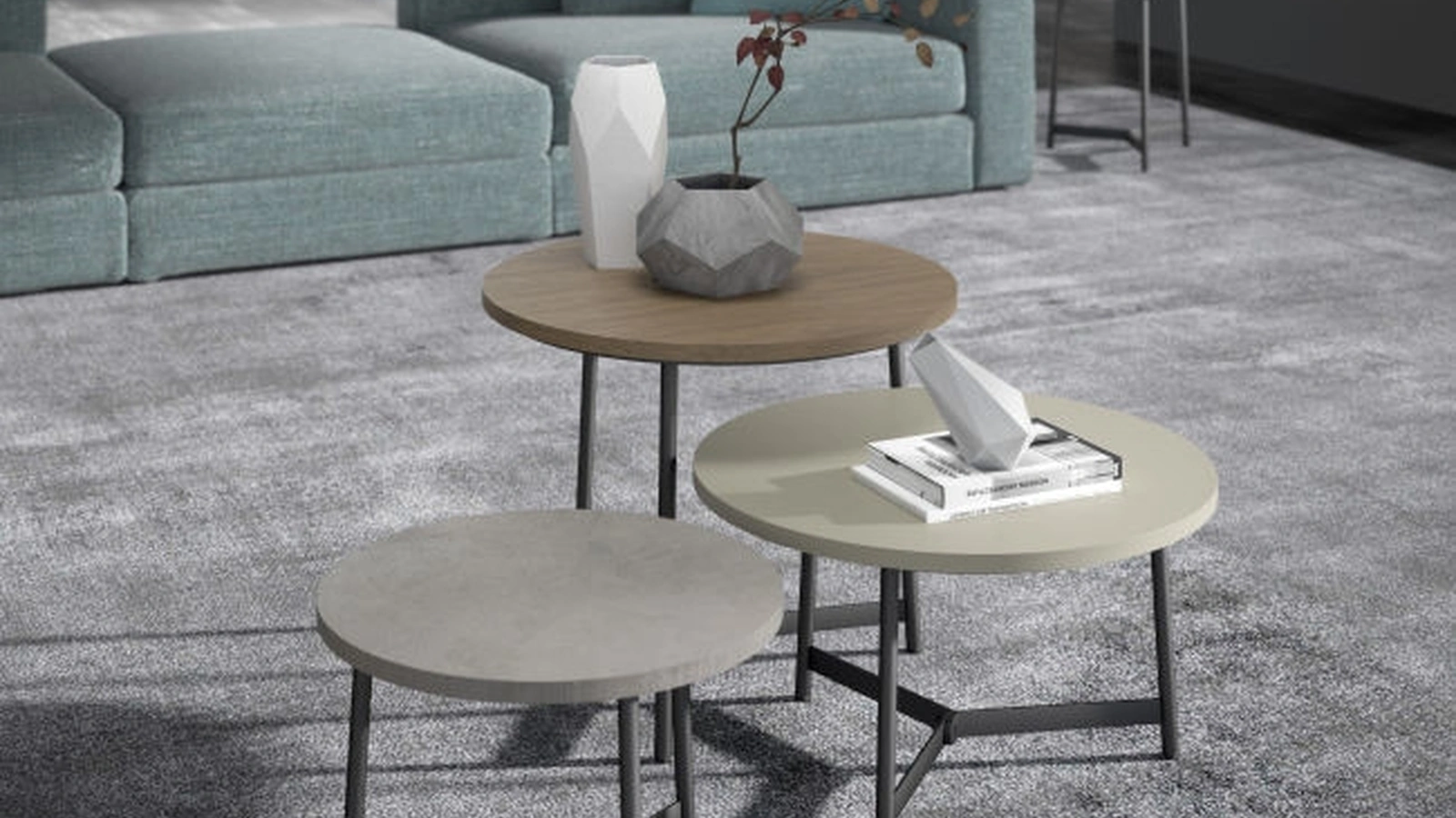 Tavolino tondo Milord Low in melaminico effetto legno e effetto cemento di Maconi