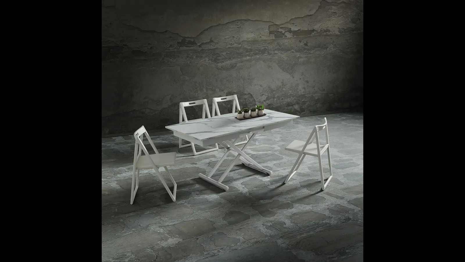 Tavolino con top in HPL effetto marmo regolabile in altezza che diventa tavolo da pranzo Perseo di La Primavera