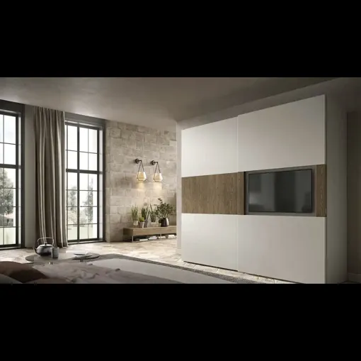 Armadio con ante scorrevoli Brunale TV S159 in laccato e impiallacciato rovere di Moretti Compact Giorno Notte