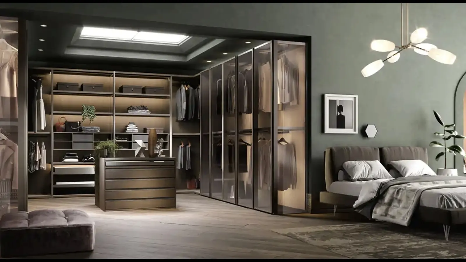 Cabina armadio Antares A122 in nobilitato rovere con ante in vetro di Moretti Compact Giorno Notte