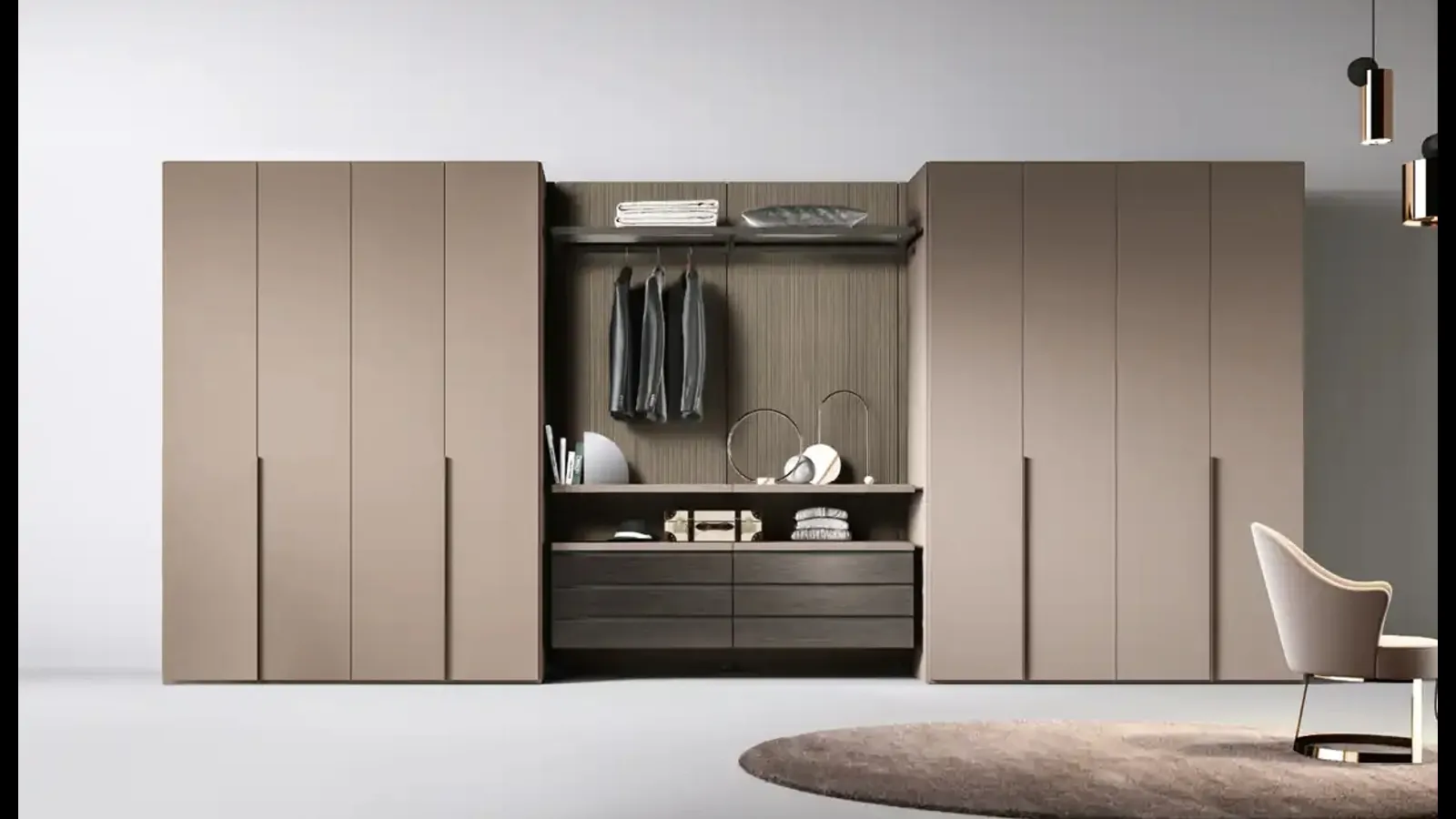 Cabina armadio Gemini G225 tra due armadi a muro di Moretti Compact Giorno Notte