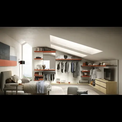 Cabina armadio su misura in rovere miele e laccato corallo Gemini G226 di Moretti Compact Giorno Notte