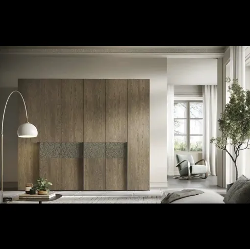 Armadio con ante battenti Libeccio Texture B361 in rovere yuta con inserto in materico malta di Moretti Compact Giorno Notte