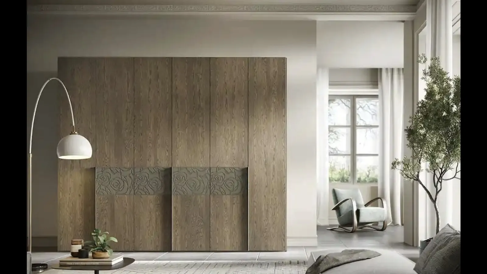 Armadio con ante battenti Libeccio Texture B361 in rovere yuta con inserto in materico malta di Moretti Compact Giorno Notte