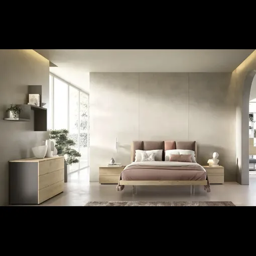 Letto Take I13 in rovere miele con testiera in tessuto imbottito di Moretti Compact Giorno Notte