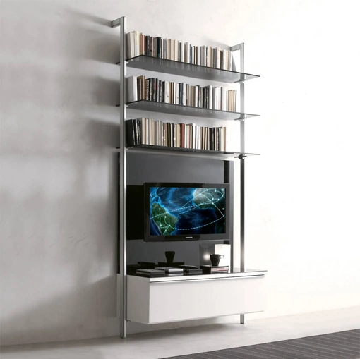 Libreria Capri in metallo con ripiani in vetro e cassetto laccato di Ponti Terenghi