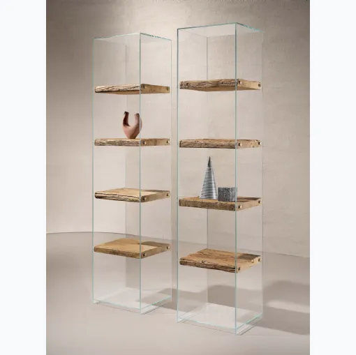 Libreria Frost con struttura in vetro trasparente e ripiani in legno Secolare naturale di Nature Design