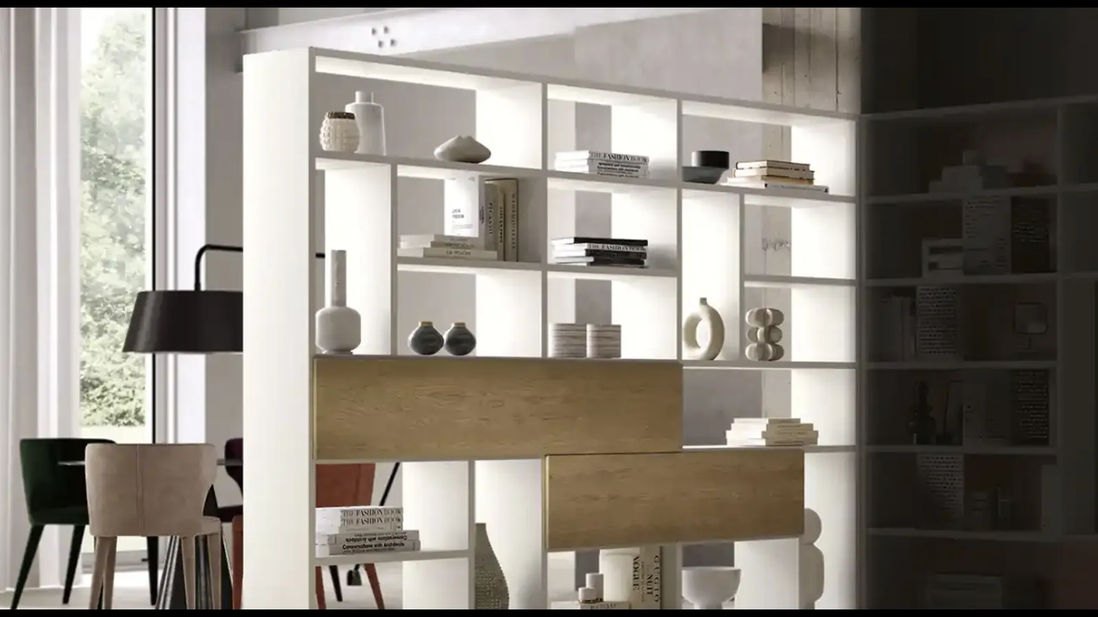 Libreria divisoria Kosmos KL211B in melaminico e legno di Moretti Compact Giorno Notte