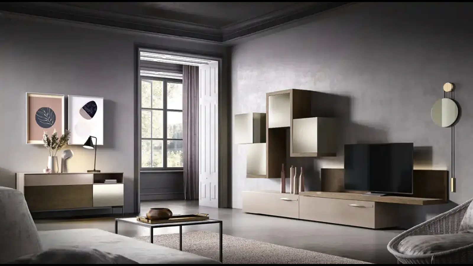 Parete Attrezzata Kosmos KC113 in laccato e legno di Moretti Compact Giorno Notte