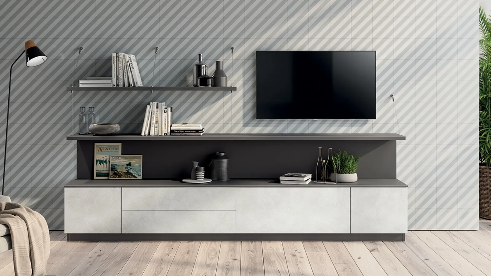 Parete Attrezzata Living Evolution 05 in decorativo Concrete di Scavolini