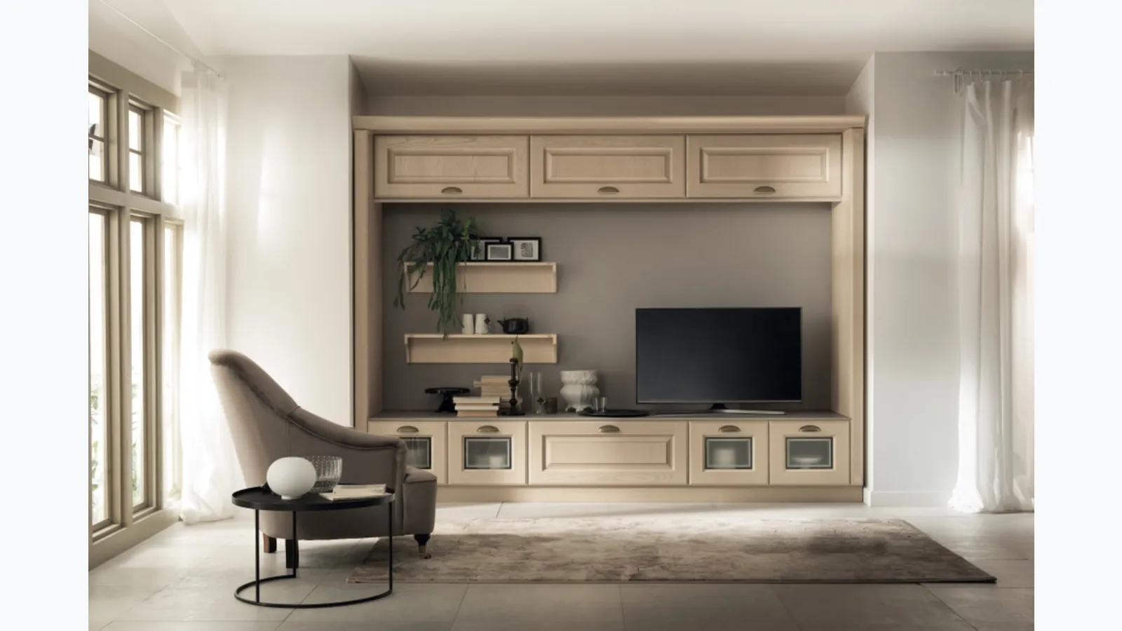 Parete Attrezzata Living Madeleine 01 in Frassino Bianco Burro di Scavolini