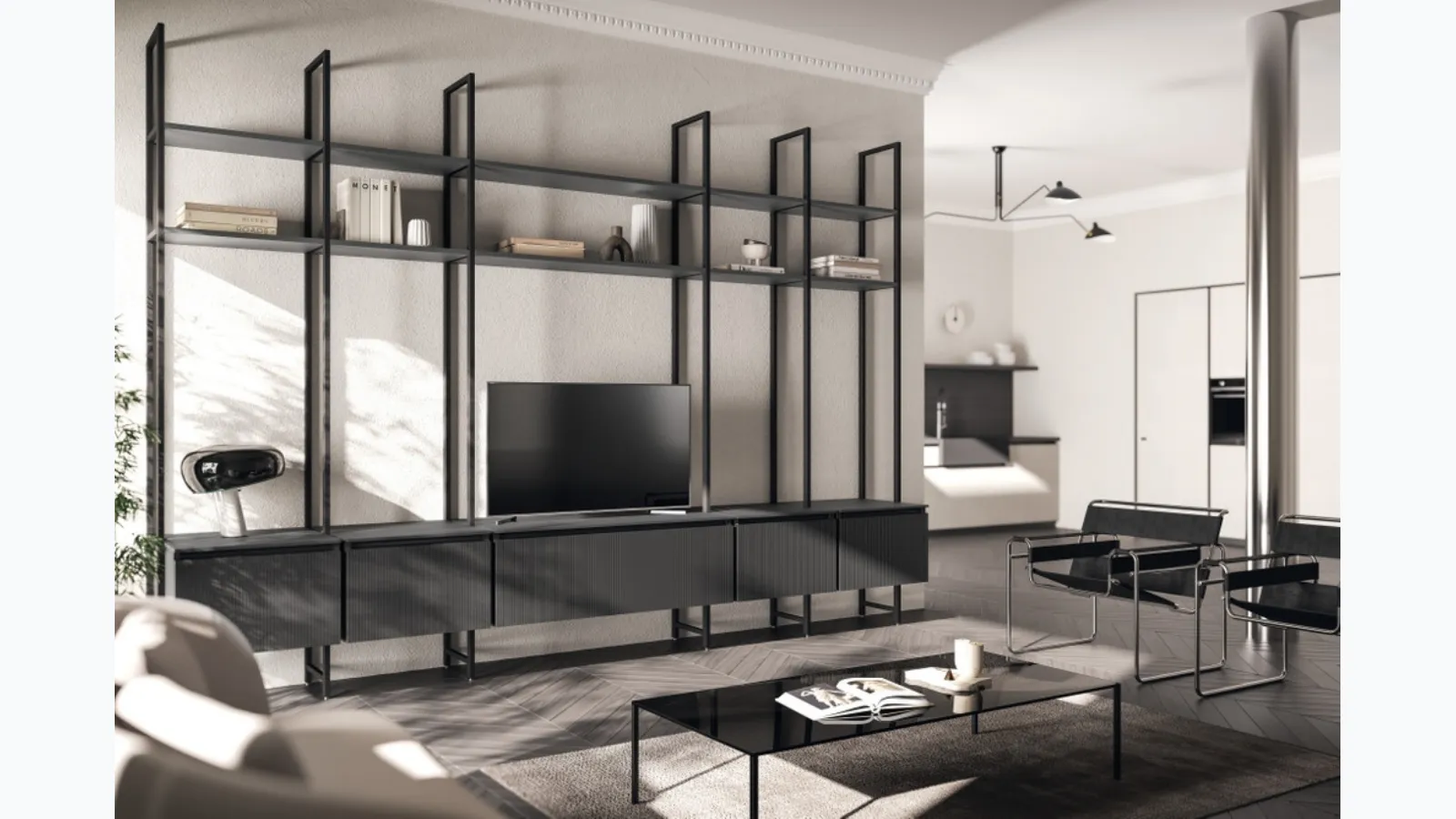 Parete Attrezzata Living Mira 01 in laccato Grigio Ferro di Scavolini