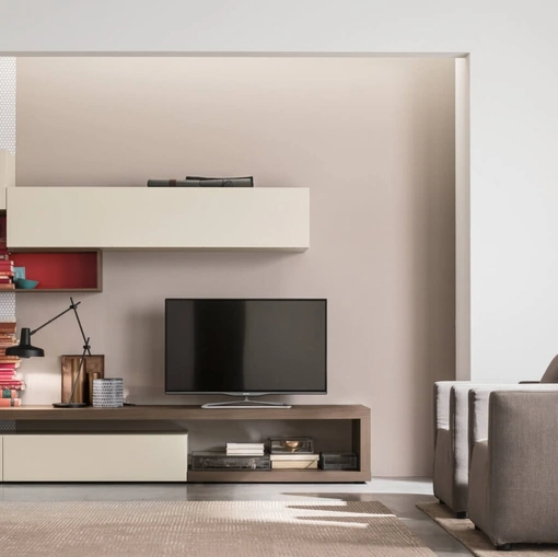 Parete Attrezzata Unix Comp SU2110 in essenza Olmo Tabacco e laccato Cashmere di Maronese