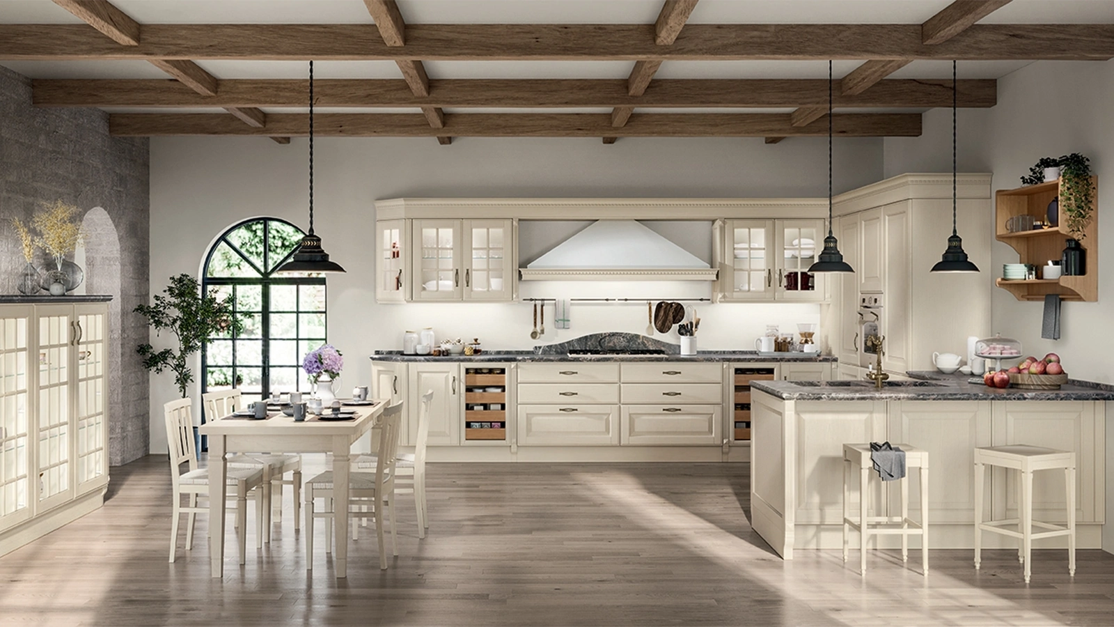 Cucina Classica con penisola Baltimora in Frassino Bianco di Scavolini