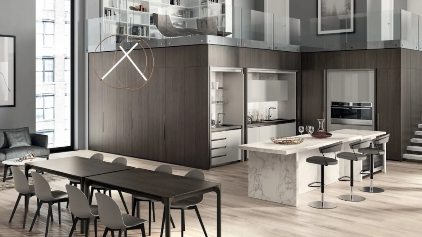 Cucina salvaspazio con isola centrale Boxi 04 in laccato lucido Grigio Chiaro di Scavolini