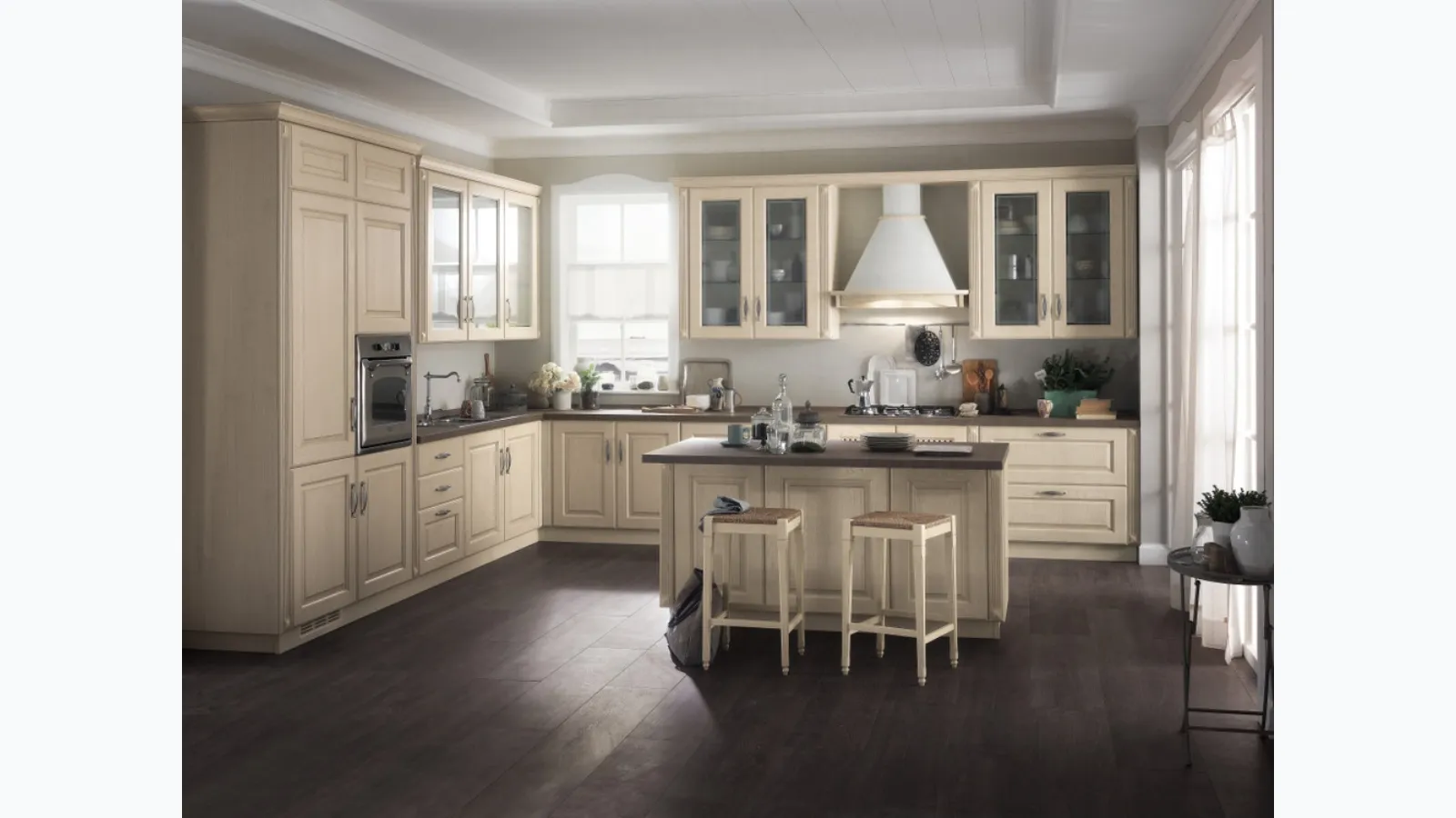 Cucina Shabby Chic Madeleine 07 Frassino Bianco Burro con isola di Scavolini
