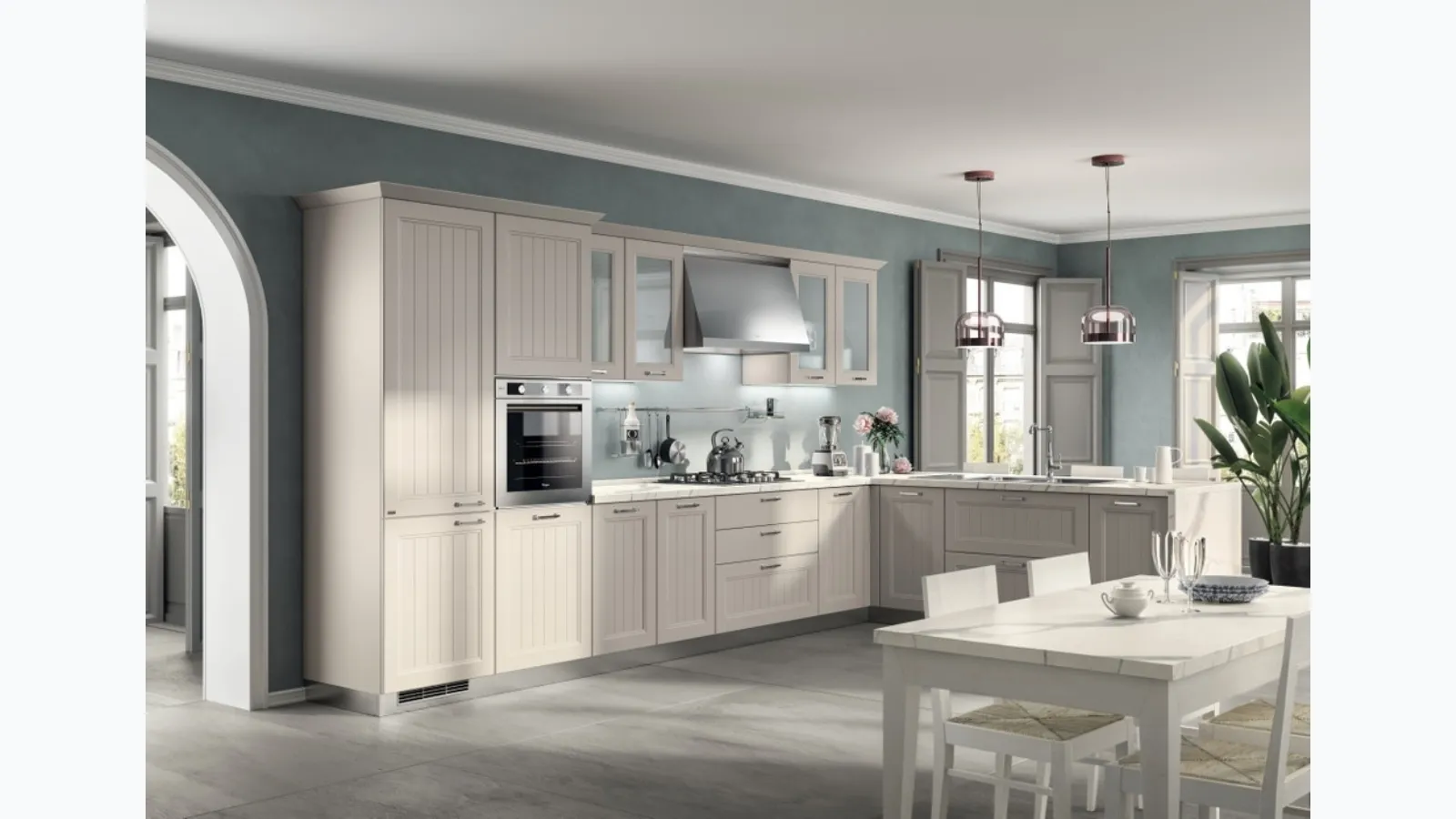 Cucina Shabby Chic Colony 04 in laccato Sabbia opaco a doghe di Scavolini