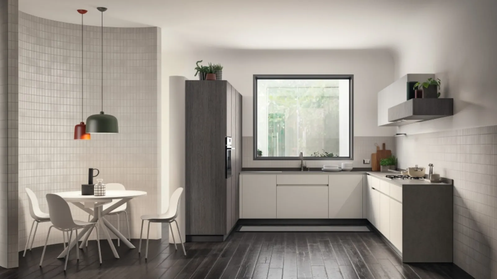 Cucina su misura Libra 05 in laccato opaco Bianco Prestige, laccato opaco dogato Grigio Airone e decorativo Oriental di Scavolini
