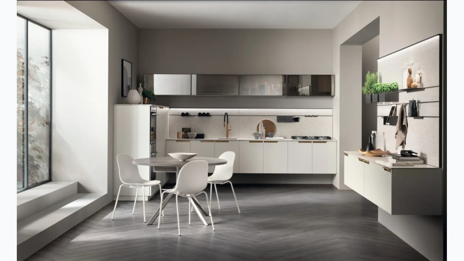 Cucina su misura Mia 03 in Bianco Prestige ed Alluminio di Scavolini