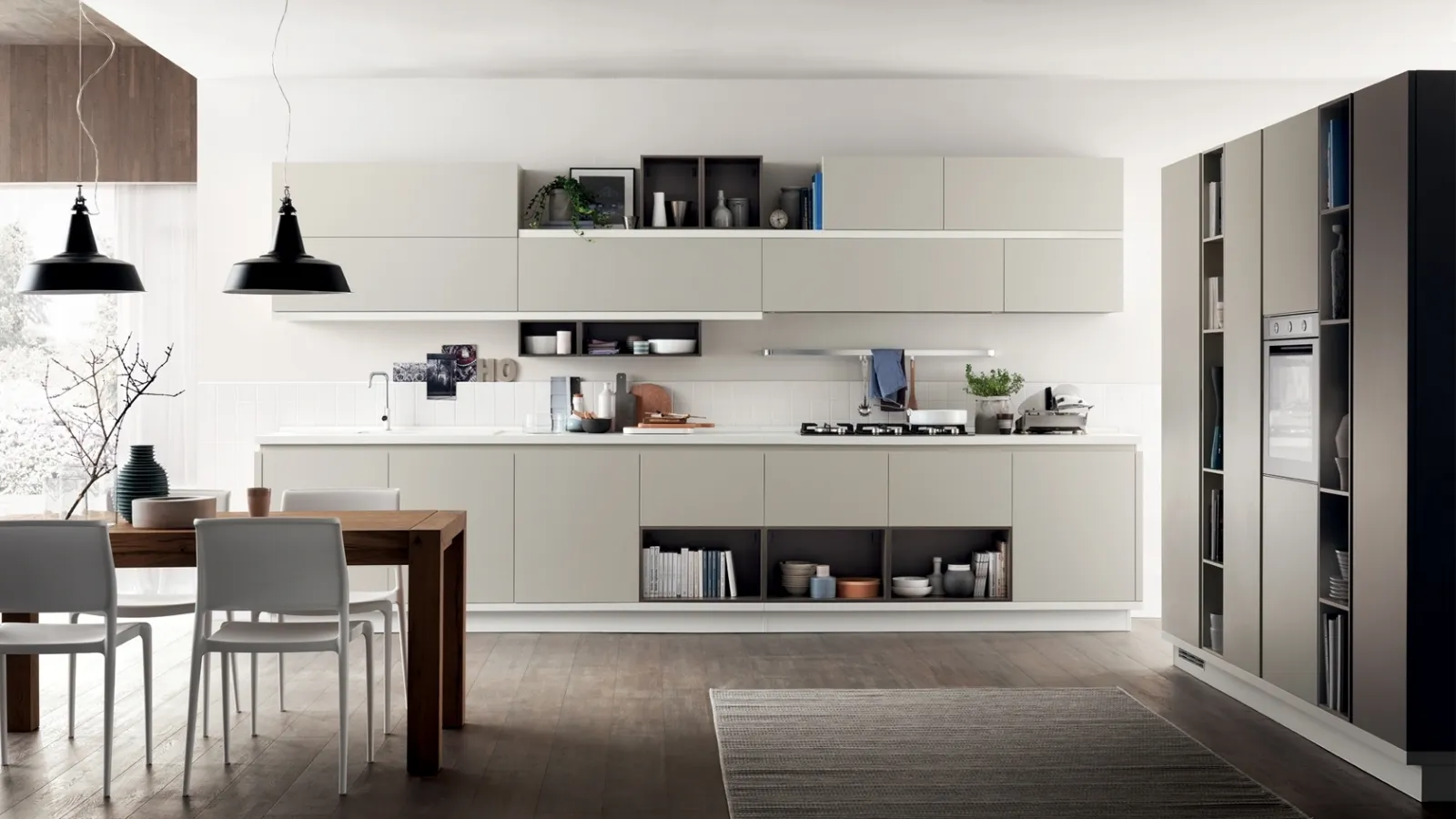 Cucina su misura Foodshelf 05 in finitura Grigio Gabbiano e Grigio Terra di Scavolini